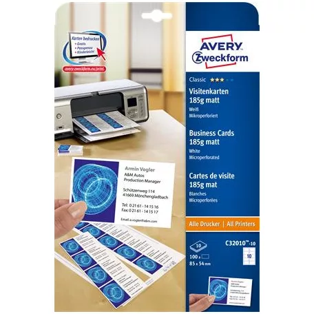 AVERY ZWECKFORM Névjegykártya, 85x54 mm, 185 g, mikroperforált, AVERY ZWECKFORM, 100 db/csomag