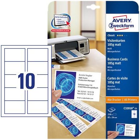 AVERY ZWECKFORM Névjegykártya, 85x54 mm, 185 g, mikroperforált, AVERY ZWECKFORM, 250 db/csomag