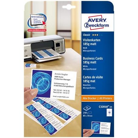 AVERY ZWECKFORM Névjegykártya, 85x54 mm, 185 g, mikroperforált, AVERY ZWECKFORM, 250 db/csomag