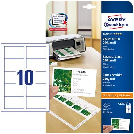 AVERY ZWECKFORM Névjegykártya, 85x54 mm, 200 g, mikroperforált, AVERY ZWECKFORM, 100 db/csomag