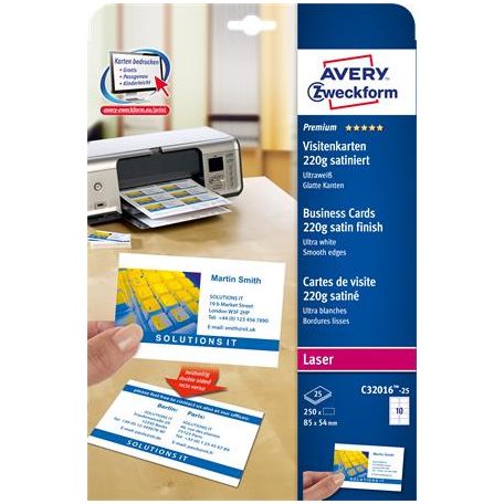AVERY ZWECKFORM Névjegykártya, 85x54 mm, 220 g, mikroperforált, AVERY ZWECKFORM, 250 db/csomag