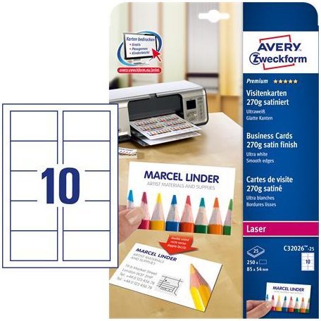 AVERY ZWECKFORM Névjegykártya, 85x54 mm, 270 g, mikroperforált,  AVERY ZWECKFORM, 250 db/csomag