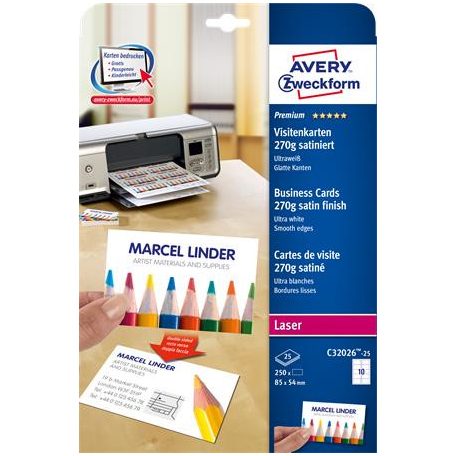 AVERY ZWECKFORM Névjegykártya, 85x54 mm, 270 g, mikroperforált,  AVERY ZWECKFORM, 250 db/csomag
