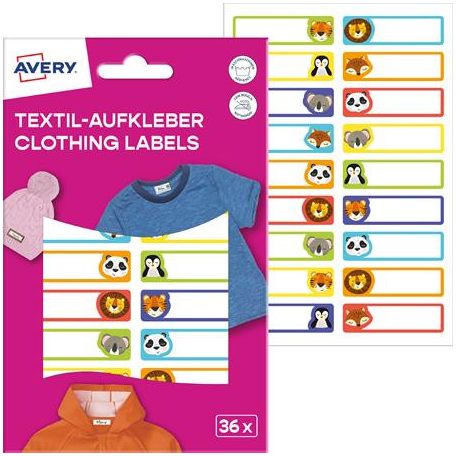 AVERY ZWECKFORM Ruhacímke, műanyag, iskolai, 45x13 mm, kézzel írható, AVERY ZWECKFORM, állatos, 36 címke/csomag