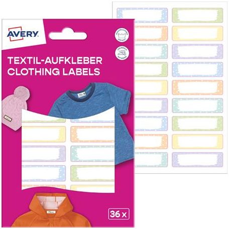 AVERY ZWECKFORM Ruhacímke, műanyag, iskolai, 45x13 mm, kézzel írható, AVERY ZWECKFORM, pasztell, 36 címke/csomag