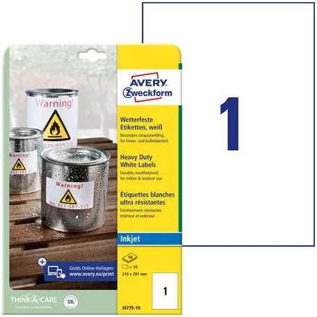 AVERY ZWECKFORM Etikett, 210x297 mm, poliészter, időjárásálló, AVERY ZWECKOFRM, fehér, 10 etikett/csomag