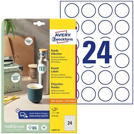 AVERY ZWECKFORM Etikett, univerzális, 40 mm, kör, AVERY ZWECKFORM, 240 etikett/csomag