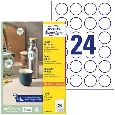 AVERY ZWECKFORM Etikett, univerzális, 40 mm, kör, AVERY ZWECKFORM, 2400 etikett/csomag