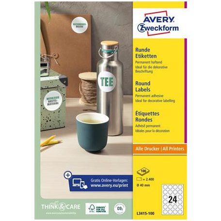 AVERY ZWECKFORM Etikett, univerzális, 40 mm, kör, AVERY ZWECKFORM, 2400 etikett/csomag