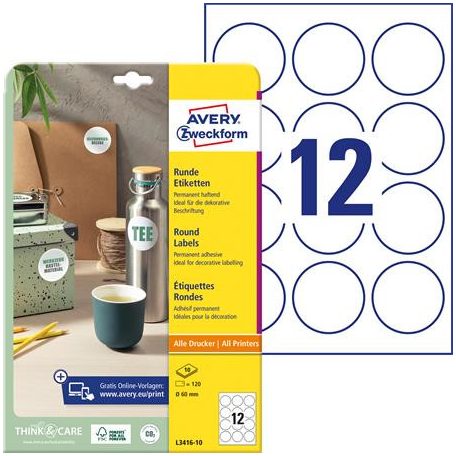AVERY ZWECKFORM Etikett, univerzális, 60 mm, kör, AVERY ZWECKFORM, 120 etikett/csomag