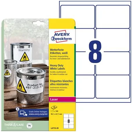 AVERY ZWECKFORM Etikett, 99,1x67,7 mm, poliészter, időjárásálló, AVERY ZWECKFORM, fehér, 160 etikett/csomag