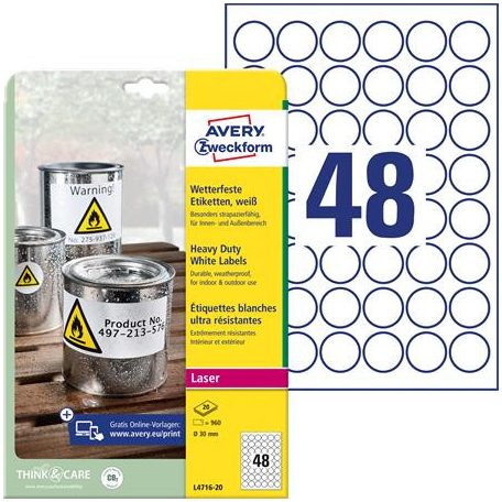 AVERY ZWECKFORM Etikett, kör, 30 mm, poliészter, időjárásálló, AVERY ZWECKFORM, fehér, 960 etikett/csomag