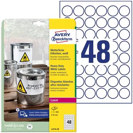 AVERY ZWECKFORM Etikett, kör, 30 mm, poliészter, időjárásálló, AVERY ZWECKFORM, fehér, 960 etikett/csomag