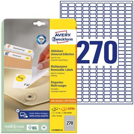 AVERY ZWECKFORM Etikett, univerzális, eltávolítható, 17,8x10 mm, AVERY ZWECKFORM, 8100 etikett/csomag