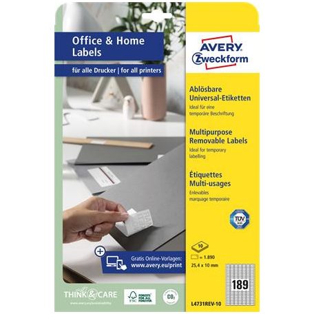 AVERY ZWECKFORM Etikett, univerzális, eltávolítható, 25,4x10 mm, AVERY ZWECKFORM, 1890 etikett/csomag