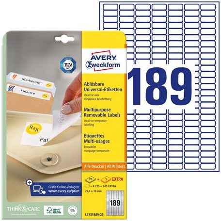 AVERY ZWECKFORM Etikett, univerzális, eltávolítható, 25,4x10 mm, AVERY ZWECKFORM, 5670 etikett/csomag