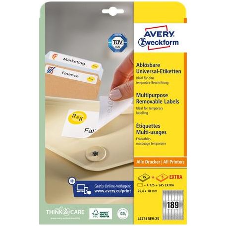 AVERY ZWECKFORM Etikett, univerzális, eltávolítható, 25,4x10 mm, AVERY ZWECKFORM, 5670 etikett/csomag