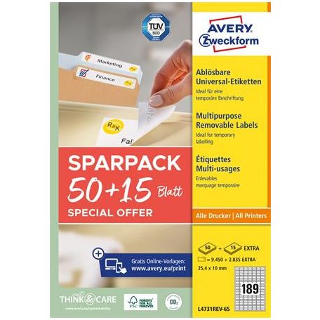 AVERY ZWECKFORM Etikett, univerzális, eltávolítható, 25,4x10 mm, AVERY ZWECKFORM, 9450+2835 etikett/csomag