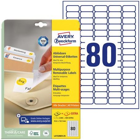 AVERY ZWECKFORM Etikett, univerzális, eltávolítható, 35,6x16,9 mm, AVERY ZWECKFORM, 2400 etikett/csomag