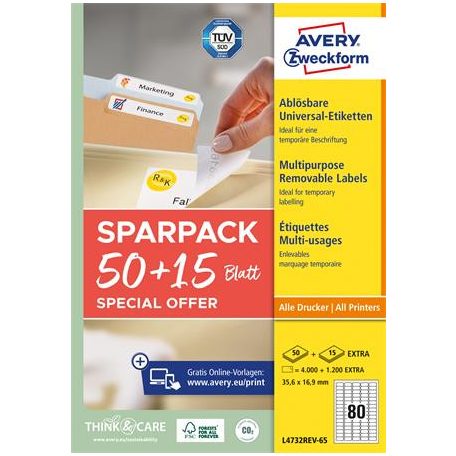 AVERY ZWECKFORM Etikett, univerzális, eltávolítható, 35,6x16,9 mm, AVERY ZWECKFORM, "Sparpack", 5200 etikett/csomag