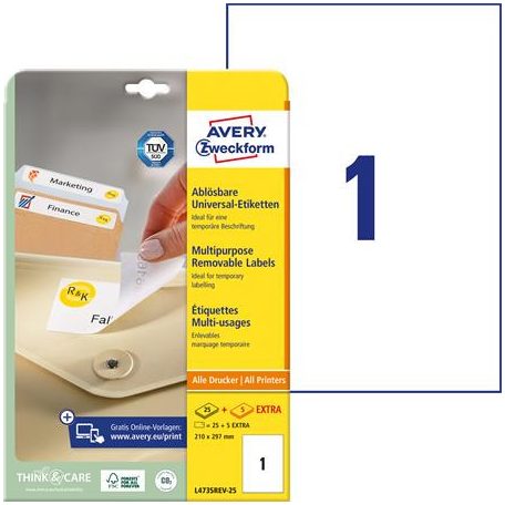 AVERY ZWECKFORM Etikett, univerzális, eltávolítható, 210x297 mm, AVERY ZWECKFORM, 30 etikett/csomag