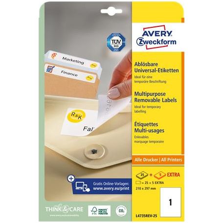 AVERY ZWECKFORM Etikett, univerzális, eltávolítható, 210x297 mm, AVERY ZWECKFORM, 30 etikett/csomag