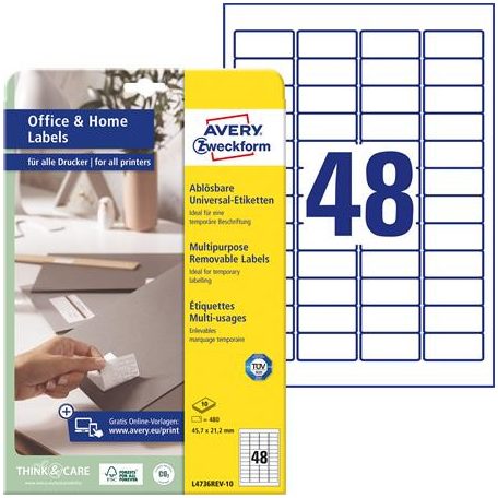 AVERY ZWECKFORM Etikett, univerzális, eltávolítható, 45,7x21,2 mm, AVERY ZWECKFORM, 480 etikett/csomag