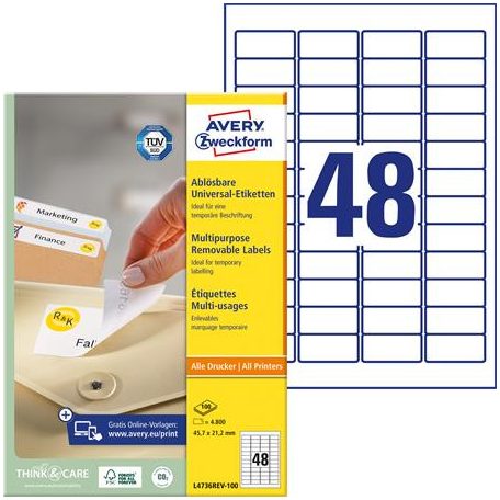 AVERY ZWECKFORM Etikett, univerzális, eltávolítható, 45,7x21,2 mm, AVERY ZWECKFORM, 4800 etikett/csomag