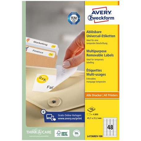 AVERY ZWECKFORM Etikett, univerzális, eltávolítható, 45,7x21,2 mm, AVERY ZWECKFORM, 4800 etikett/csomag