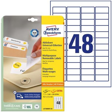 AVERY ZWECKFORM Etikett, univerzális, eltávolítható, 45,7x21,2 mm, AVERY ZWECKFORM, 1440 etikett/csomag