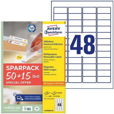 AVERY ZWECKFORM Etikett, univerzális, eltávolítható, 45,7x21,2 mm, AVERY ZWECKFORM, "Sparpack", 3120 etikett/csomag