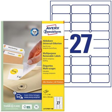 AVERY ZWECKFORM Etikett, univerzális, eltávolítható, 63,5x29,6 mm, AVERY ZWECKFORM, 2700 etikett/csomag