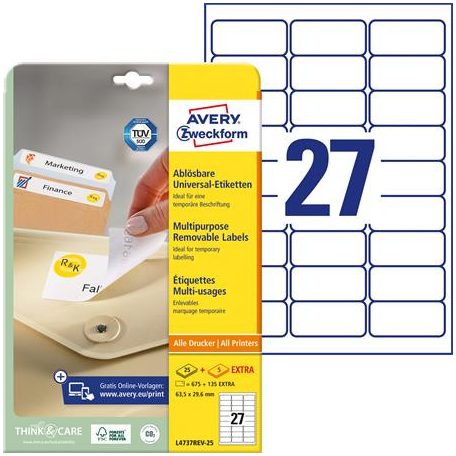 AVERY ZWECKFORM Etikett, univerzális, eltávolítható, 63,5x29,6 mm, AVERY ZWECKFORM, 810 etikett/csomag
