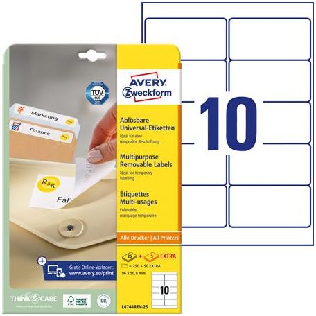 AVERY ZWECKFORM Etikett, univerzális, eltávolítható, 96x50,8 mm, AVERY ZWECKFORM, 300 etikett/csomag