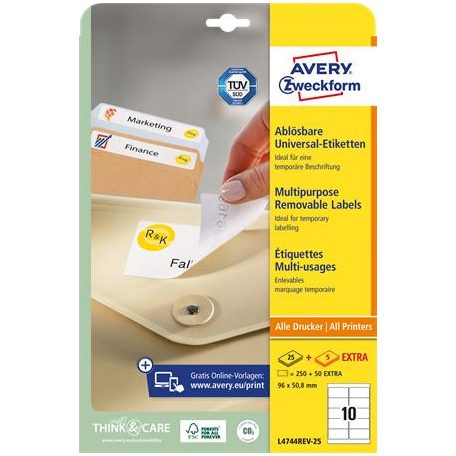 AVERY ZWECKFORM Etikett, univerzális, eltávolítható, 96x50,8 mm, AVERY ZWECKFORM, 300 etikett/csomag