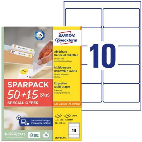 AVERY ZWECKFORM Etikett, univerzális, eltávolítható, 96x50,8 mm, AVERY ZWECKFORM, "Sparpack", 650 etikett/csomag