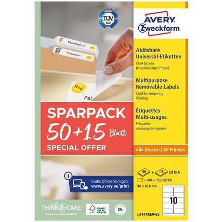 AVERY ZWECKFORM Etikett, univerzális, eltávolítható, 96x50,8 mm, AVERY ZWECKFORM, "Sparpack", 650 etikett/csomag