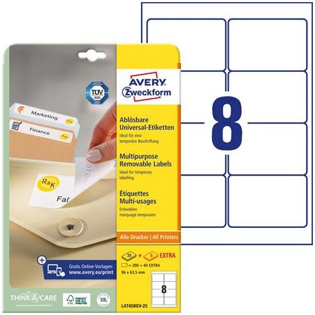 AVERY ZWECKFORM Etikett, univerzális, eltávolítható, 96x63,5 mm, AVERY ZWECKFORM, 240 etikett/csomag