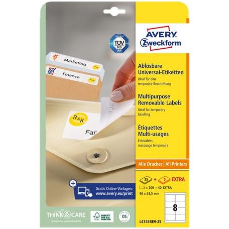 AVERY ZWECKFORM Etikett, univerzális, eltávolítható, 96x63,5 mm, AVERY ZWECKFORM, 240 etikett/csomag