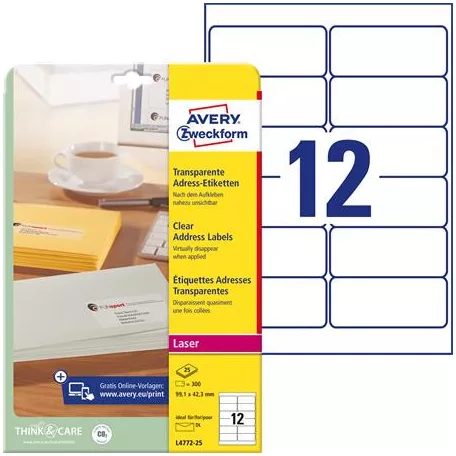 AVERY ZWECKFORM Etikett, 99,1x42,3 mm, poliészter, AVERY ZWECKFORM, átlátszó, 300 etikett/csomag