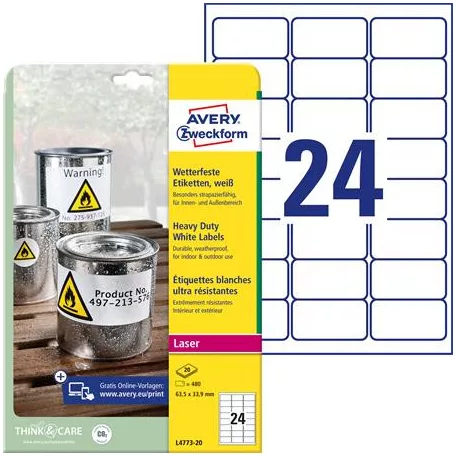 AVERY ZWECKFORM Etikett, 63,5x33,9 mm, poliészter, időjárásálló, AVERY ZWECKFORM, fehér, 480 etikett/csomag
