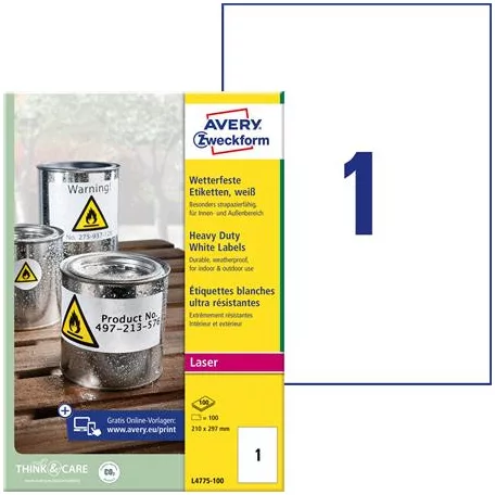 AVERY ZWECKFORM Etikett, 210x297 mm, poliészter, időjárásálló, AVERY ZWECKFORM, fehér, 100 etikett/csomag