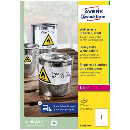 AVERY ZWECKFORM Etikett, 210x297 mm, poliészter, időjárásálló, AVERY ZWECKFORM, fehér, 100 etikett/csomag