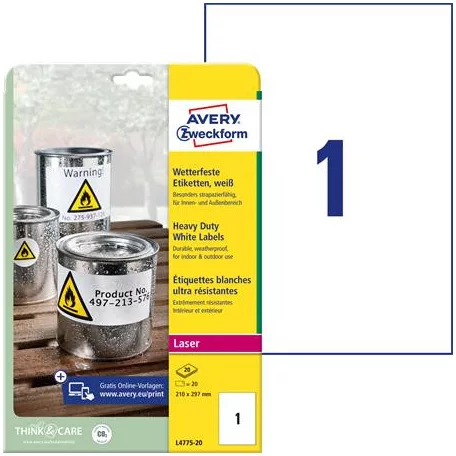 AVERY ZWECKFORM Etikett, 210x297 mm, poliészter, időjárásálló, 210x297 mm, AVERY ZWECKFORM, fehér, 20 etikett/csomag