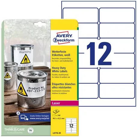 AVERY ZWECKFORM Etikett, 99,1x42,3 mm, poliészter, időjárásálló, AVERY ZWECKFORM, fehér, 240 etikett/csomag