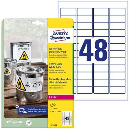 AVERY ZWECKFORM Etikett, 45,7x21,2 mm, poliészter, időjárásálló, AVERY ZWECKFORM, fehér, 960 etikett/csomag