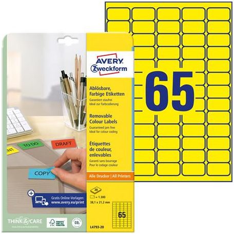AVERY ZWECKFORM Etikett, univerzális, 38,1x 21,2mm, eltávolítható, kerekített sarkú, AVERY ZWECKFORM, 1300 etikett/csomag, sárga