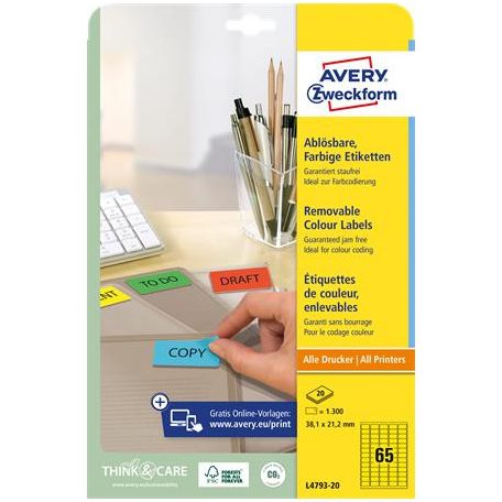 AVERY ZWECKFORM Etikett, univerzális, 38,1x 21,2mm, eltávolítható, kerekített sarkú, AVERY ZWECKFORM, 1300 etikett/csomag, sárga