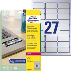   AVERY ZWECKFORM Etikett, 63,5x29,6 mm, poliészter, időjárásálló, AVERY ZWECKFORM, ezüst, 540 etikett/csomag