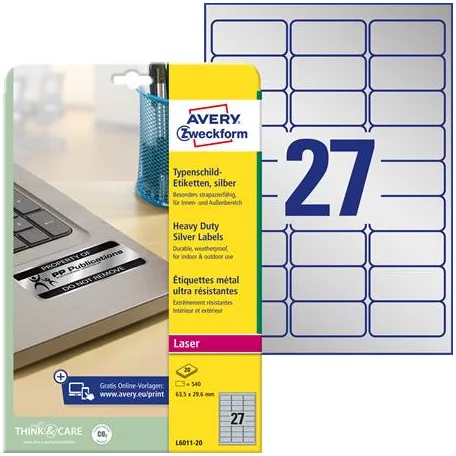 AVERY ZWECKFORM Etikett, 63,5x29,6 mm, poliészter, időjárásálló, AVERY ZWECKFORM, ezüst, 540 etikett/csomag